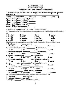 Đề kiểm tra 1 tiết số 2 môn Tiếng Anh Khối 9